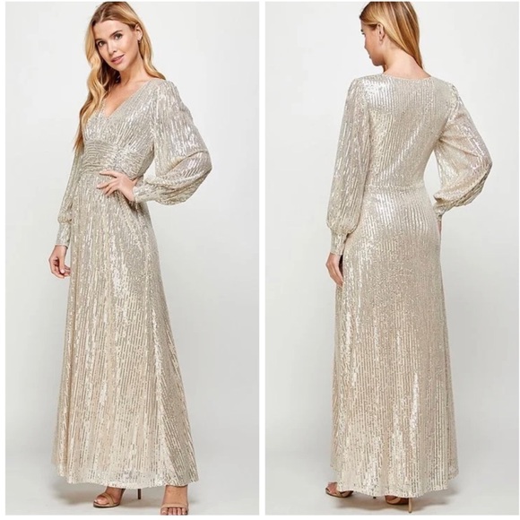SIlver Sequin Long Sleeve Formal Maxi Dress - Picture 3 of 5